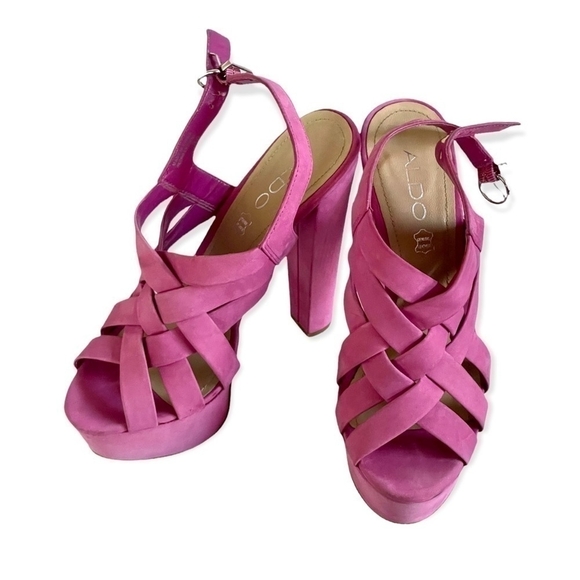 ALDO Pumps Pink Suede Leather Stiletto Heel Shoes. Women’s Peep Toe Sandals - Picture 4 of 6